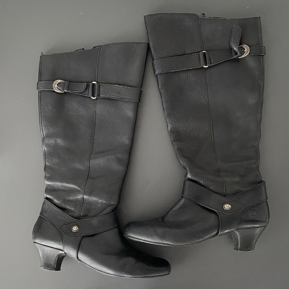 Born Black Leather Tall Riding Boots Buckles Sz 7 Preppy Chic English Country
